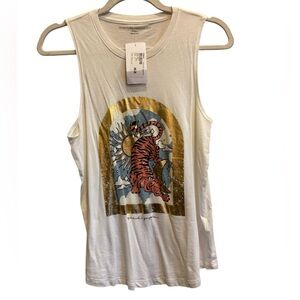 Spiritual Gangster Women’s White and Gold Tiger Muscle Tee Sz S